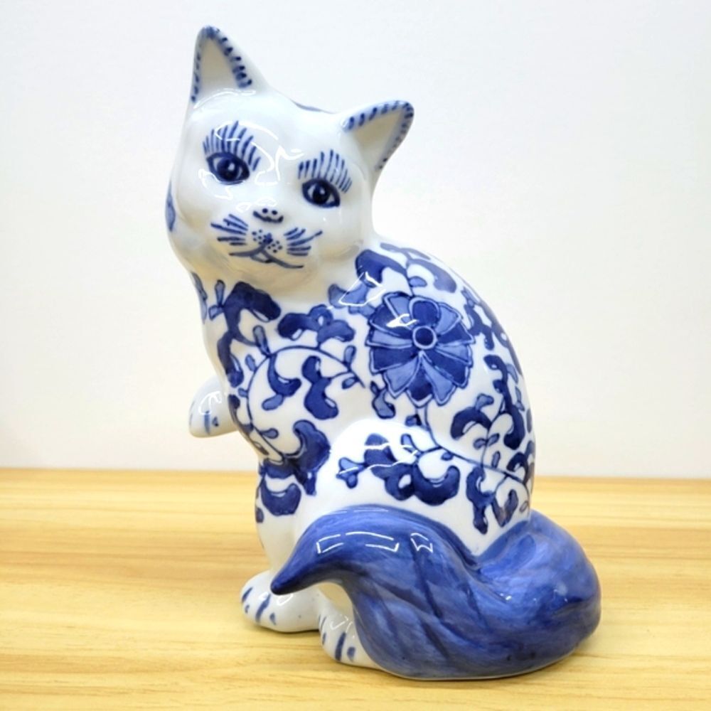 Blue and White Ceramic Cat Figurine